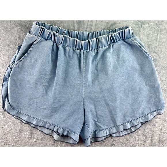 Grace & Emma Dolphin Hem Shorts Women's Size XL Chambray Blue Ruffle Pull On - Picture 2 of 12